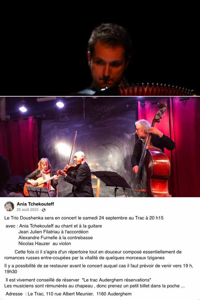 Annonce Facebook. Le Trio Doushenka en concert  au Trac, avec Ania Tchekouteff. 2022-09-24